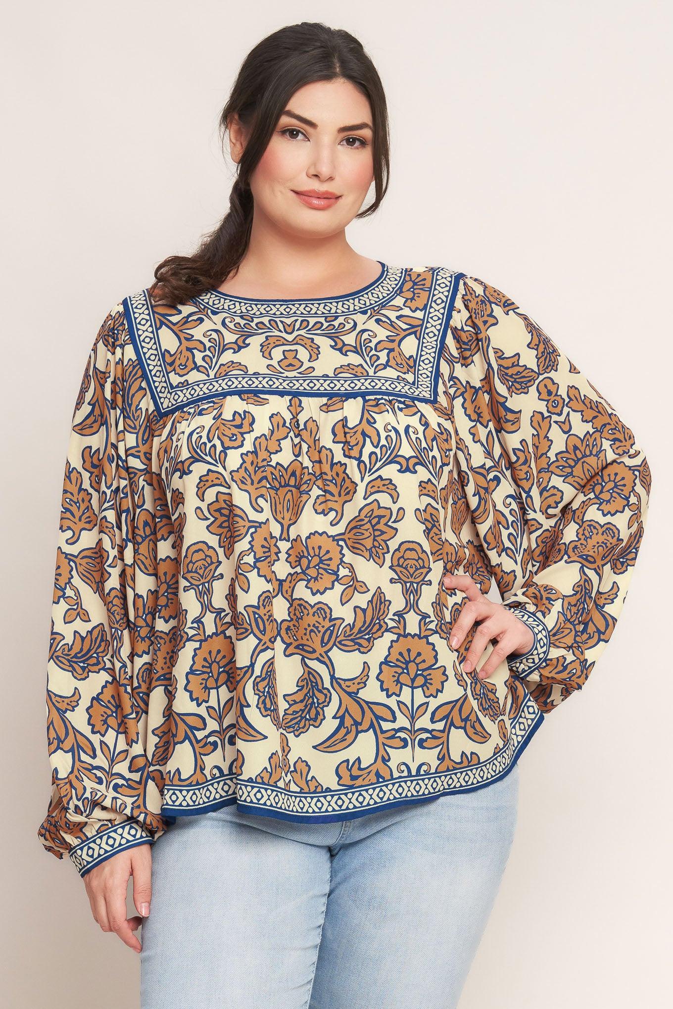 Boheme Meadow Woven Top in cream navy, view 1 — Soul Flow Apparel