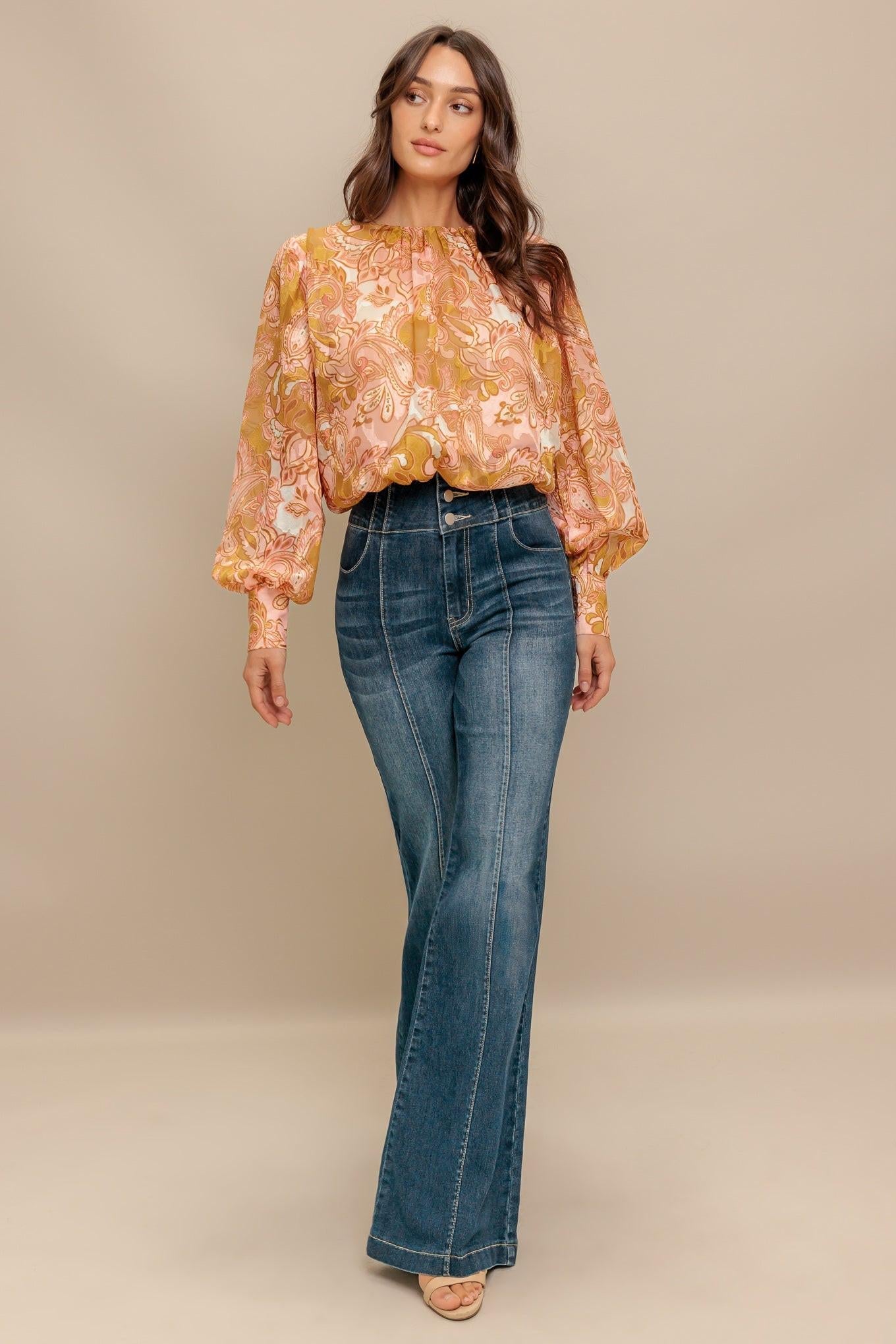 Paisley Breeze Woven Jacquard Top in camel, view 5 — Soul Flow Apparel