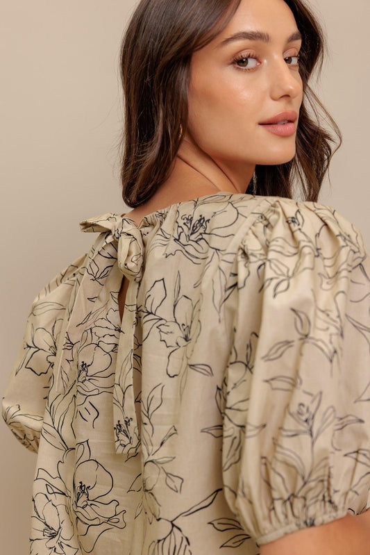 Botanical Luxe Woven Top in taupe, view 3 — Soul Flow Apparel