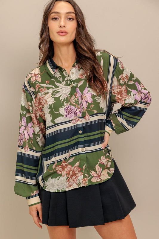 Garden Club Woven Top in olive, view 1 — Soul Flow Apparel