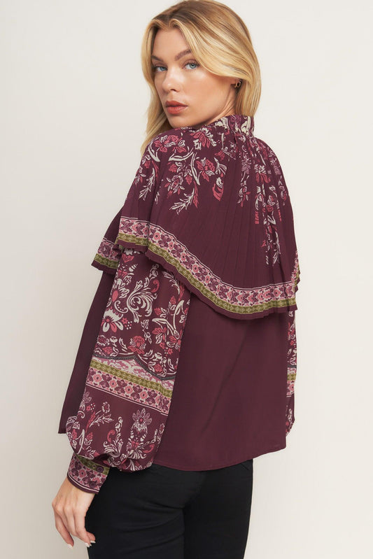 Aztec Cherry Woven Top in burgundy, view 4 — Soul Flow Apparel