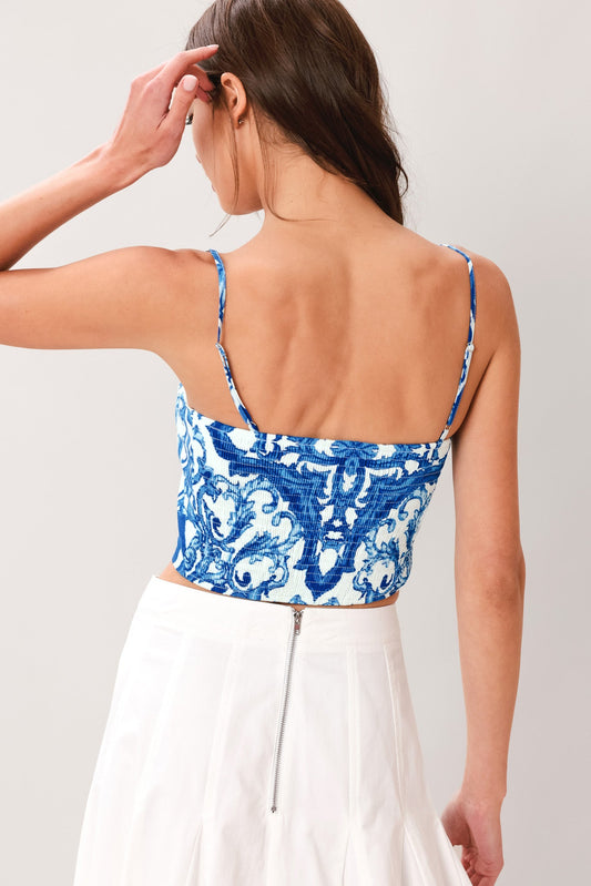 Coastal Mosaic Woven Crop Top in blue white, view 5 — Soul Flow Apparel