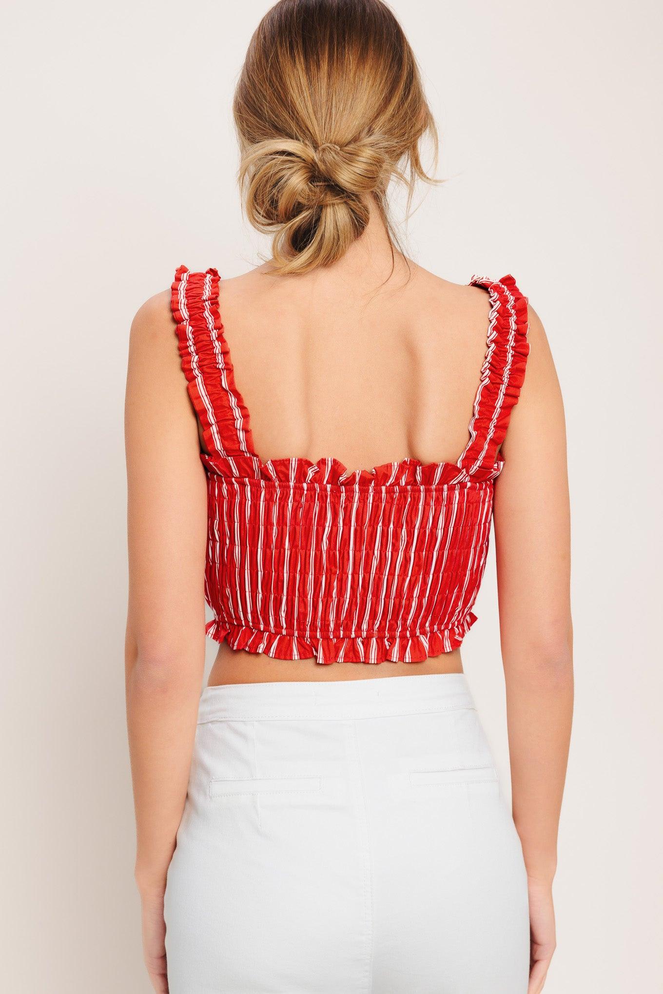 Sunset Stripe Woven Top in red white, view 7 — Soul Flow Apparel