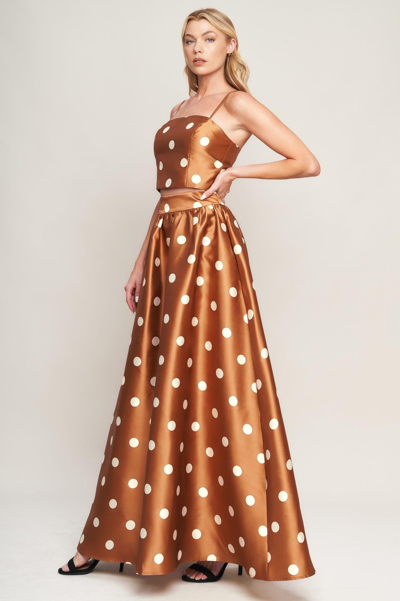 Chic Polka Flow Woven Top in caramel, view 4 — Soul Flow Apparel