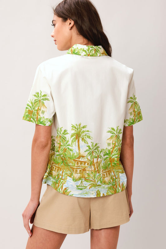 Palm Current Woven Top in off-white green, view 3 — Soul Flow Apparel