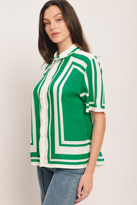 Riviera Stripe Woven Top in ivory green, view 2 — Soul Flow Apparel
