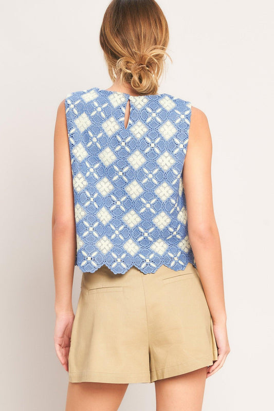 Coastal Woven Lace Top in blue, view 6 — Soul Flow Apparel
