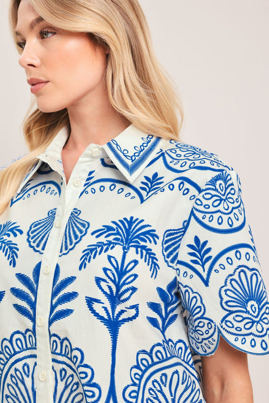 Coastline Palm Woven Top in ivory blue, view 3 — Soul Flow Apparel
