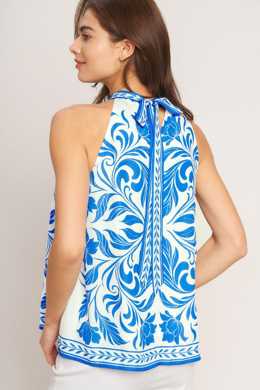 Coastal Charm Halter Woven Top in white blue, view 4 — Soul Flow Apparel