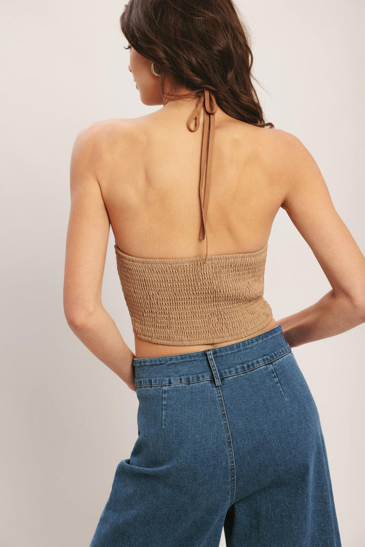 Caramel Coast Woven Crop Top in taupe, view 7 — Soul Flow Apparel