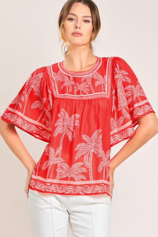 Breeze Story Woven Top in red, view 1 — Soul Flow Apparel