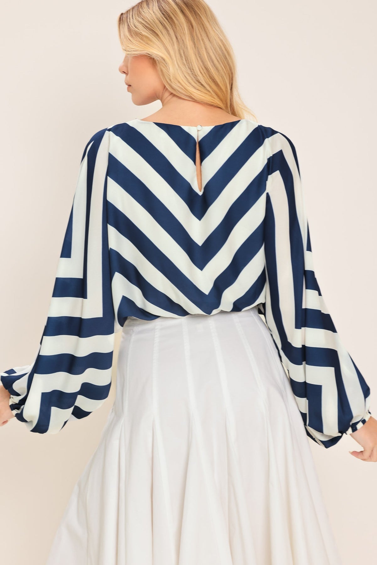 St. Tropez Stripe Woven Top in navy stripe, view 6 — Soul Flow Apparel