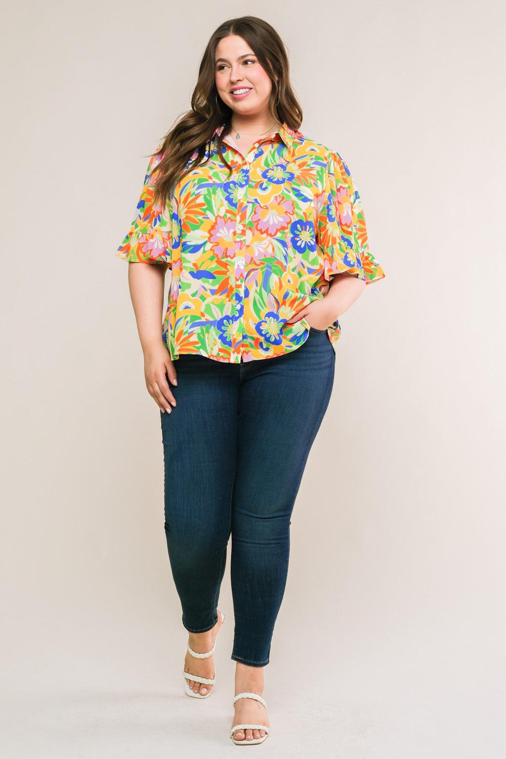 Ready to Get Away Woven Top with Short Sleeves and Ruffle Hem Polyester in green blue, view 5 — Soul Flow Apparel