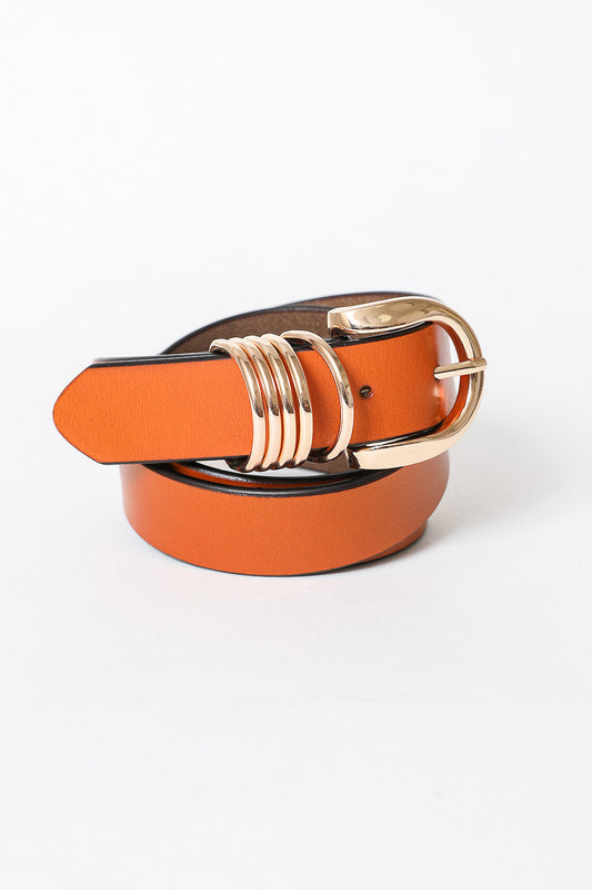 Camel Leather Belt – Gold Buckle & Accent Ring Detail Leto Collection