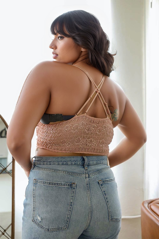 Leto Collection crochet Daisy longline bralette featuring intricate crochet details and a comfortable, stylish design.
