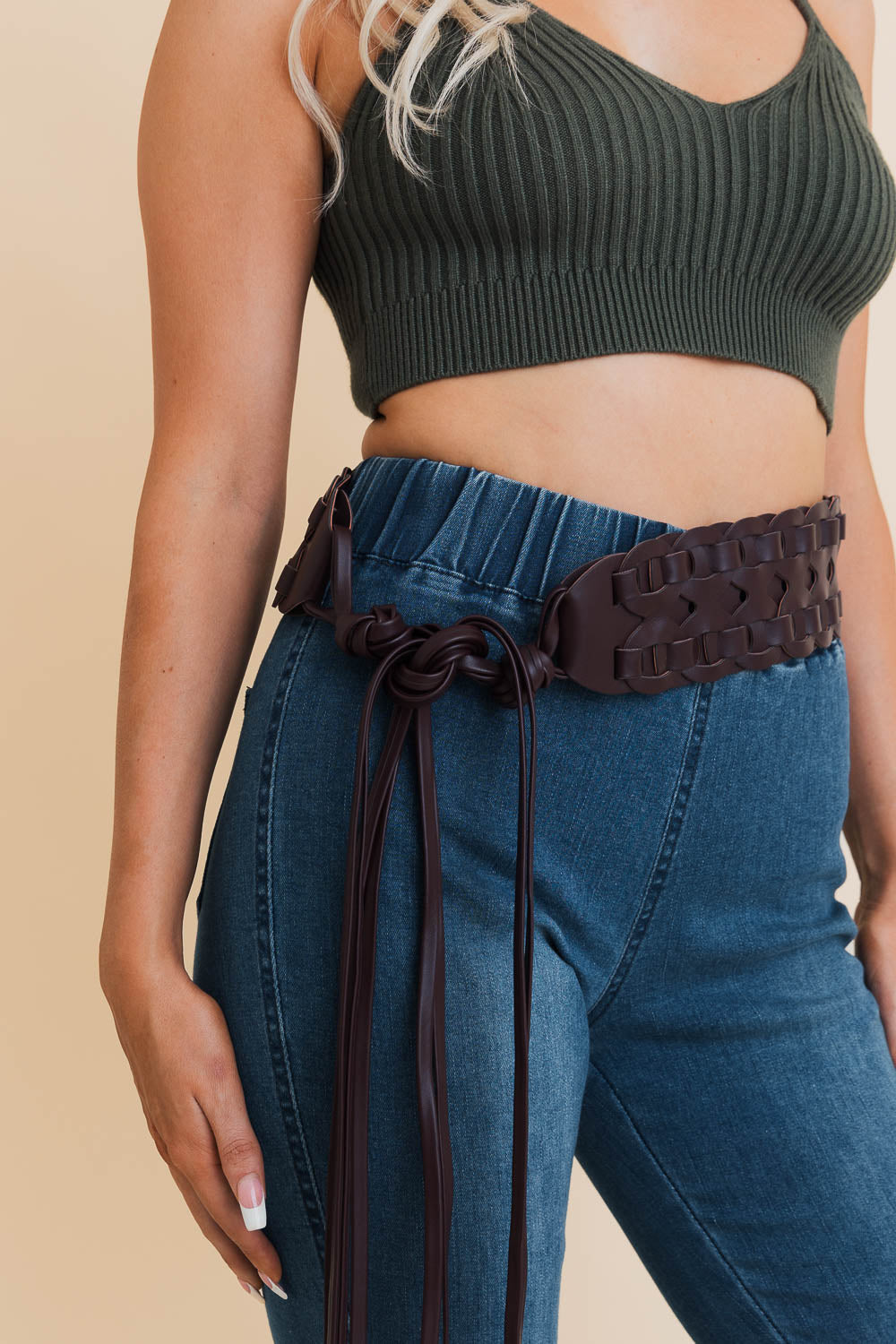 Wide Woven Leather Waist Tie Up Belt Leto Collection