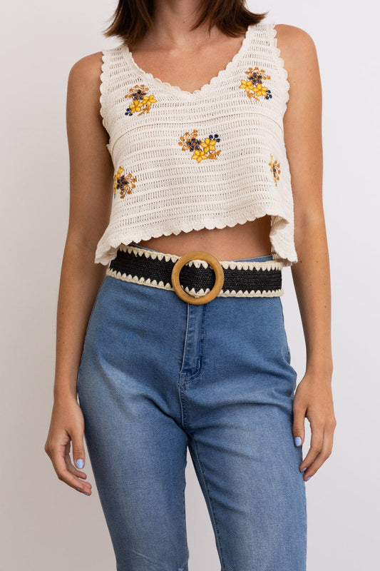 Whipstitch Raffia Belt with Wooden Round Buckle Leto Collection