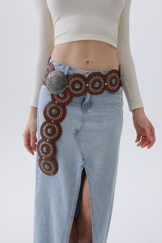 Turquoise Disc Western Belt – Handcrafted Desert Stone Detail💎 Leto Collection