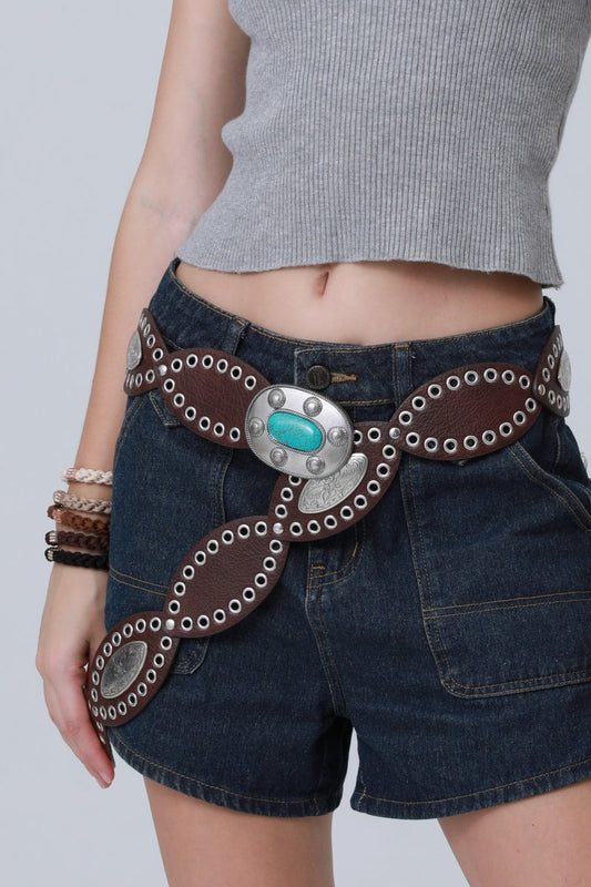 Boho Western Belt – Vintage Turquoise Inlaid Buckle💎 Leto Collection