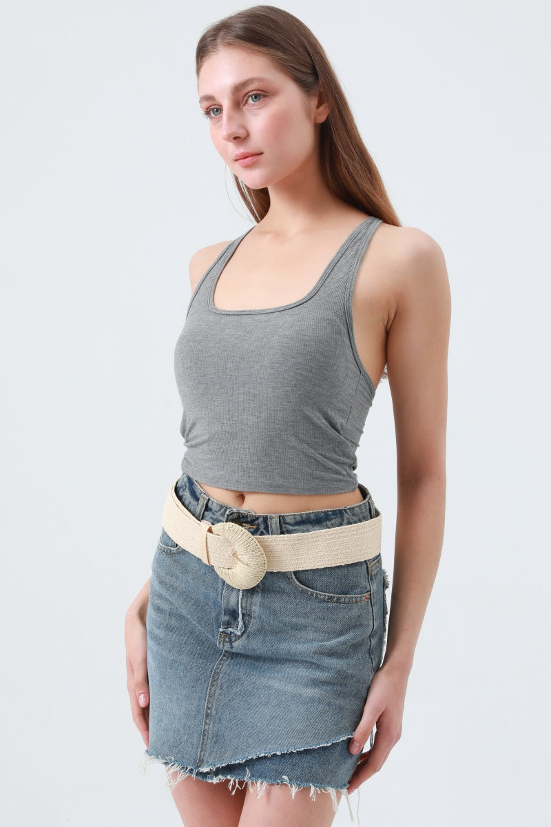 Artisan Raffia Elastic Belt with Crescent Moon Buckle Leto Collection