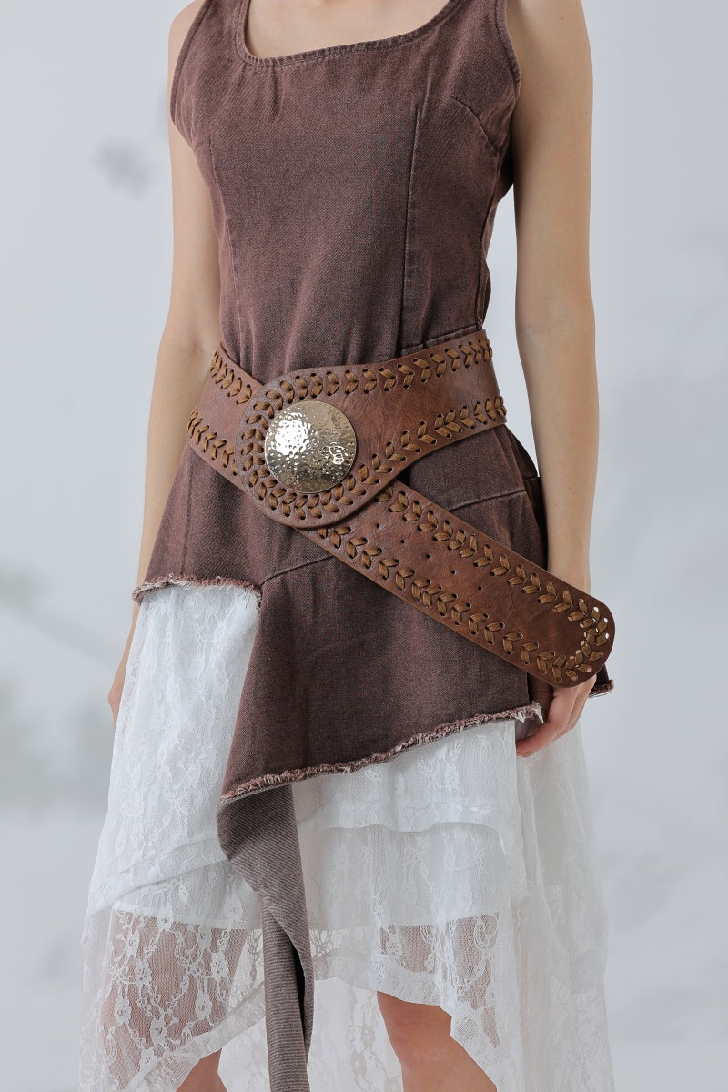 Artisan Soul: Boho Whipstitch Wide Leather Belt with Hammered Gold Buckle Leto Collection