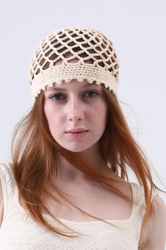 Boho Crochet Mesh Head Cap โ Lightweight Hollow Knit Beanie Leto Collection