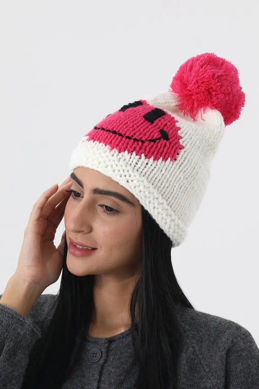 Handmade Smiley Pom Pom Knit Winter Beanie For Women โ๏ธ๐ Leto Collection