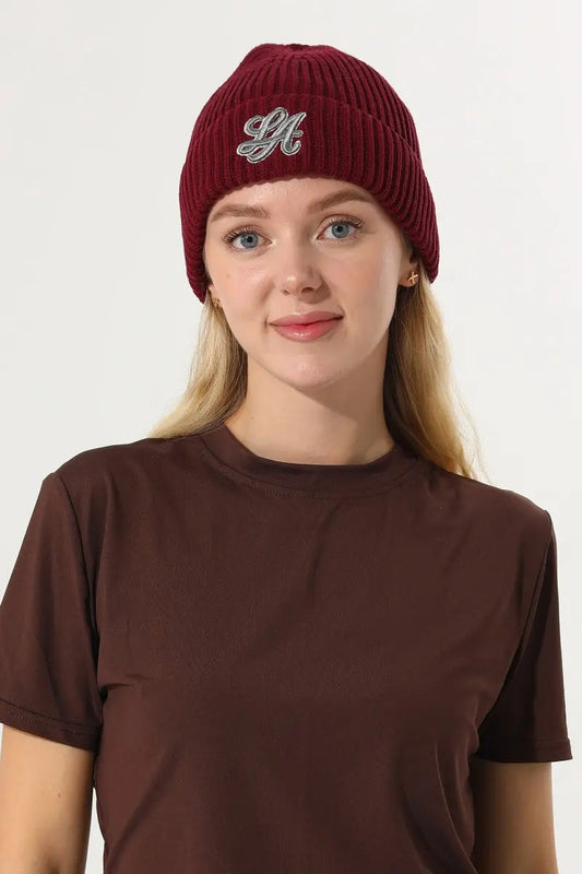 Women LA Embroidery Ribbed Knit Cuff Beanie Winter Hat ๐งถโ๏ธ Leto Collection