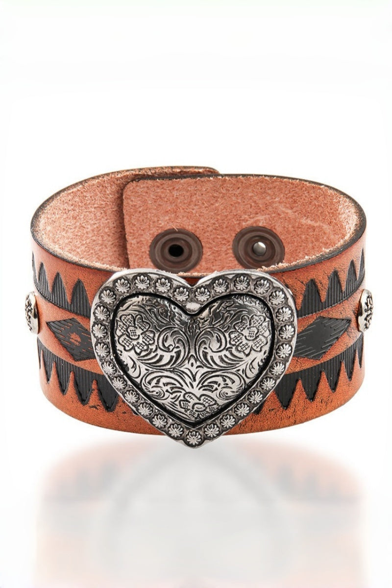Western Romance: Embossed Heart Leather Cuff-Band Bracelet Leto Collection