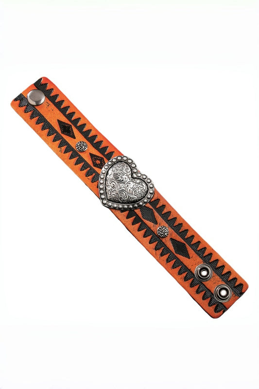 Western Romance: Embossed Heart Leather Cuff-Band Bracelet Leto Collection
