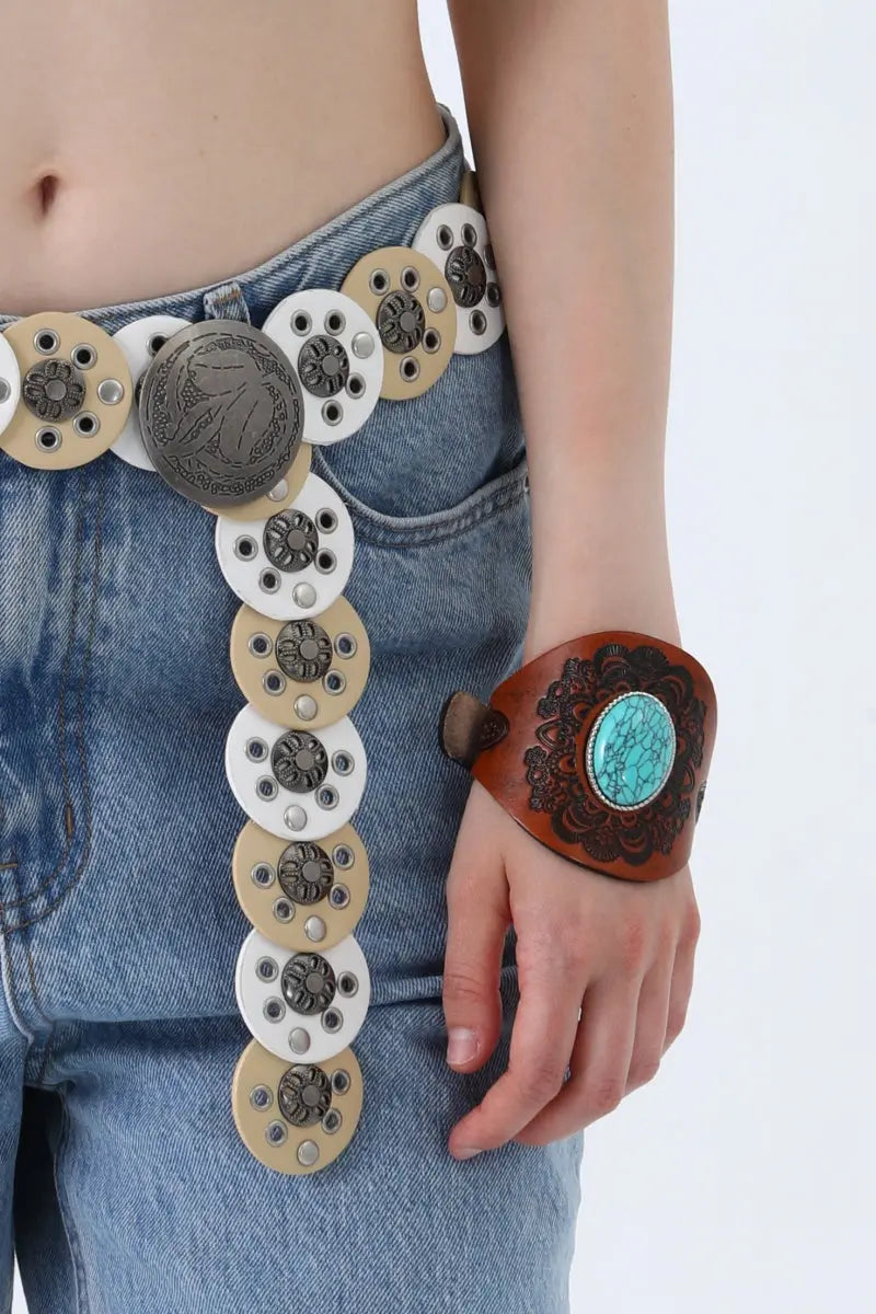 Western Turquoise Leather Cuff Bracelet – Boho Embossed Wristband Leto Collection