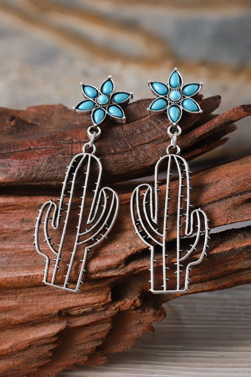 Boho Western Earrings – 💎Turquoise Flower & Openwork Cactus🌵 Leto Collection