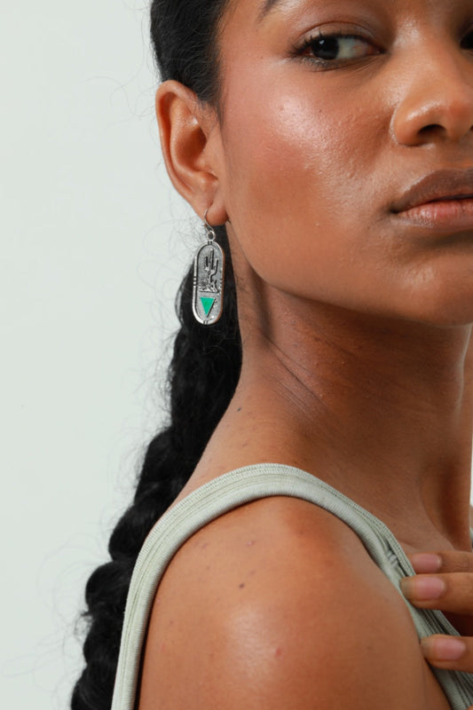 Carved Cactus Earrings – Turquoise Triangle Inlay 🌵 Leto Collection
