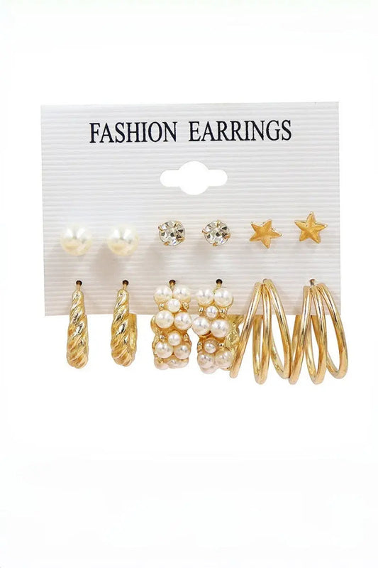 Gold Tone Mixed Style Star Pearl Rhinestone 3‑Pairs Earrings leto-collection