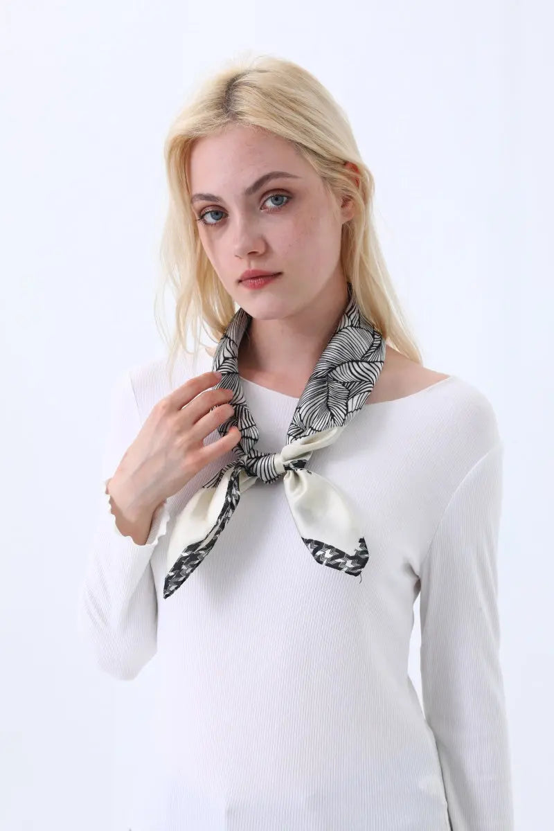 Women's Elegant Square Scarf with Abstract Leaf Print & Houndstooth Trim Leto Collection