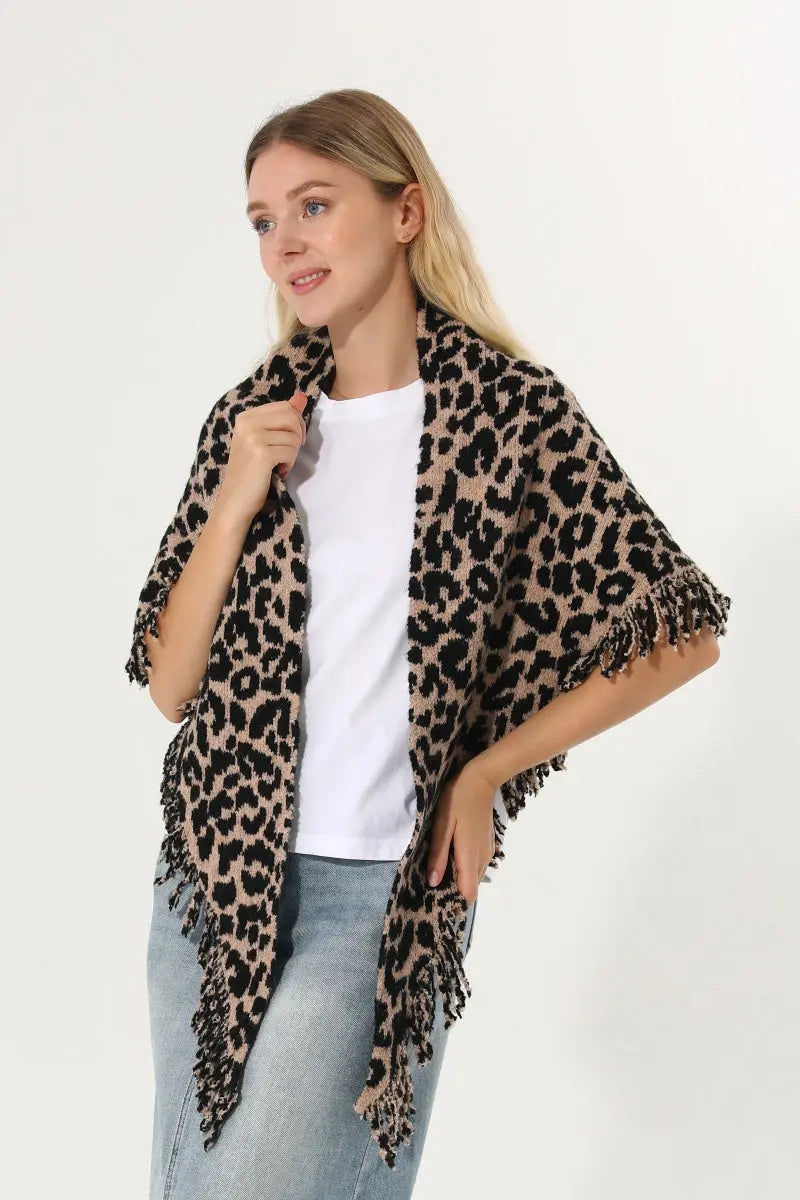 Leopard Knit Poncho Fringe Soft Warm Women Cape Shawl đ§śđ Leto Collection