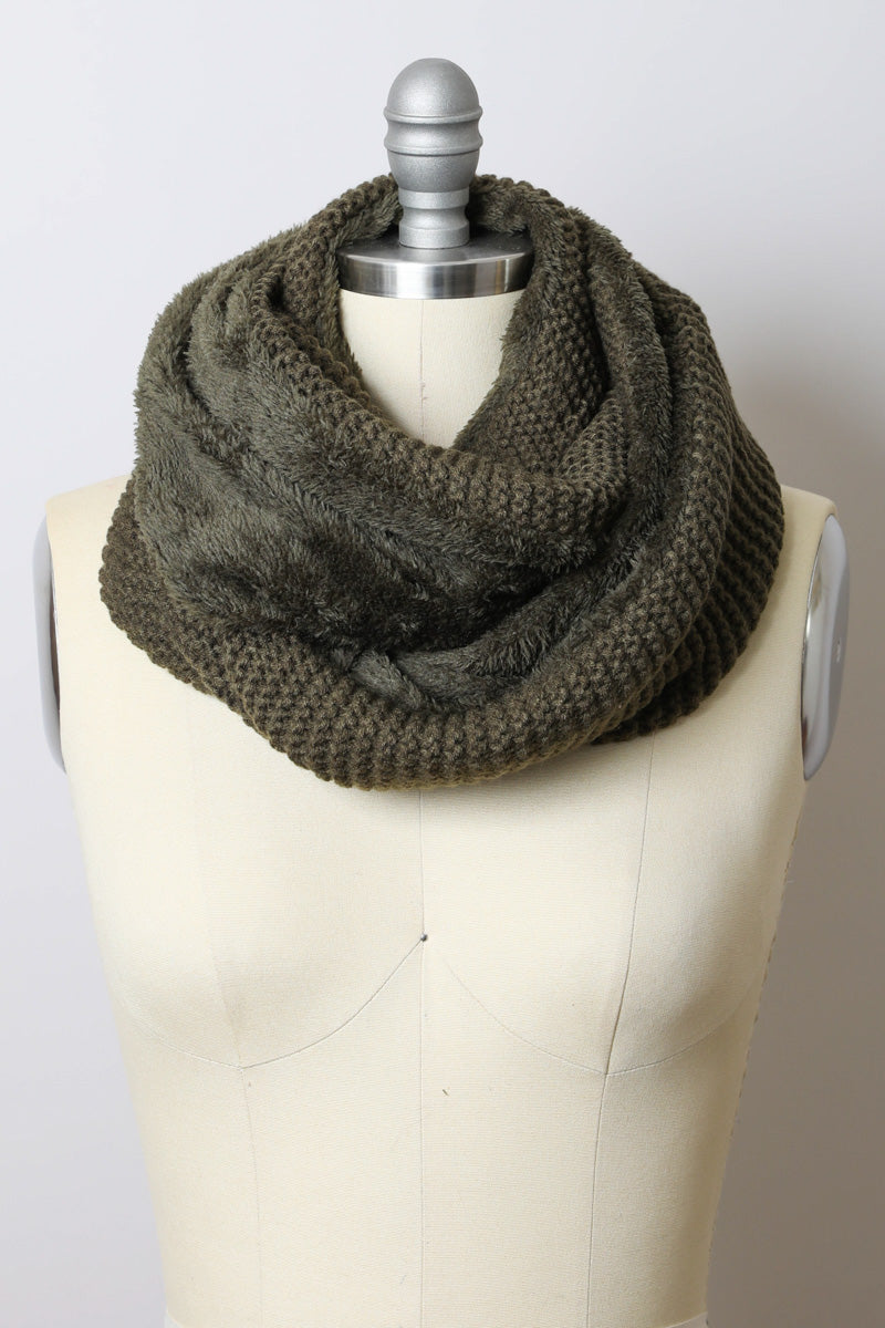 Olive green knit infinity scarf by Leto Collection, soft and cozy, looped style perfect for cold weather.