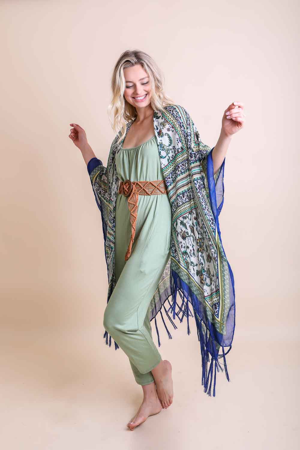 Blue bohemian diamond tassel kimono poncho by Leto Collection, featuring intricate patterns and flowing fabric.