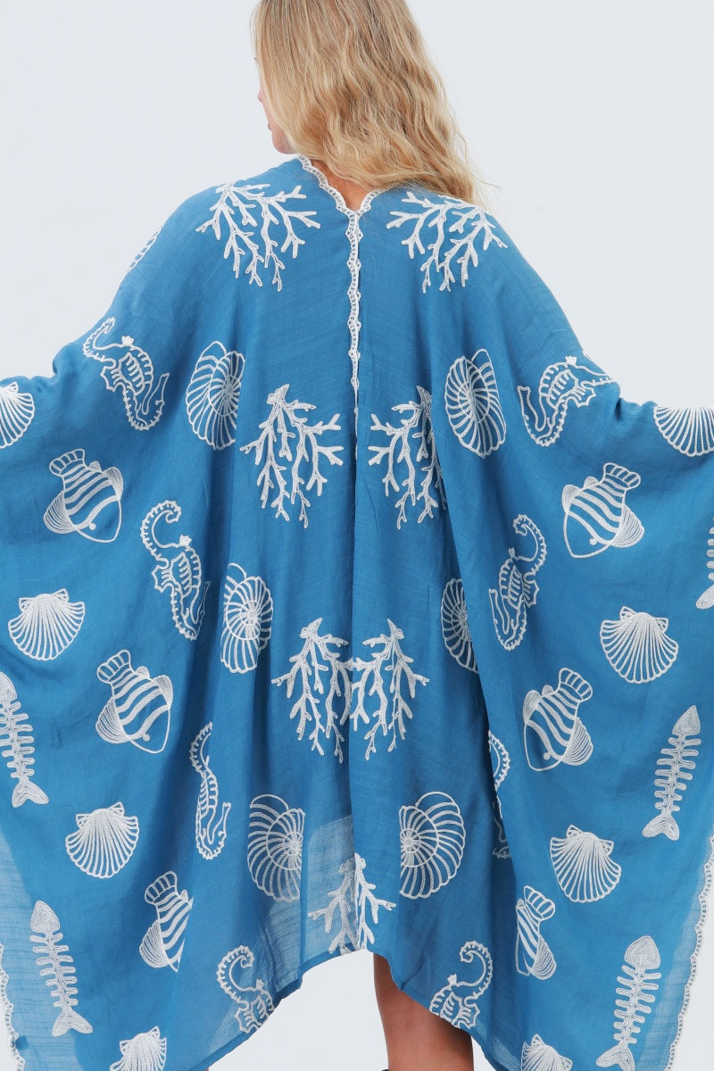 Seahorse Coral Seashell Embroidered Kimono โ Ocean Breeze Cover-Up ๐๐ Leto Collection