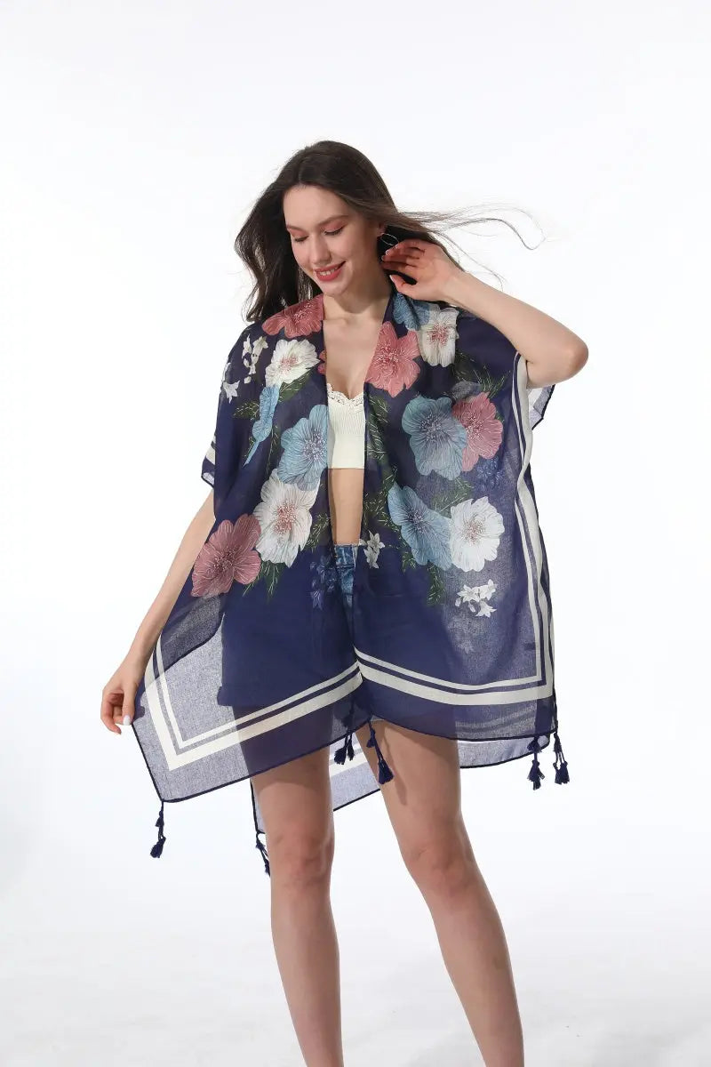 Floral Print Tassel Kimono Beach Cover Up Shawl Cardigan πΈπ leto-collection