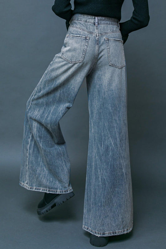 Daring Trend Washed Denim Pants Wide Leg Front Pockets for Everyday Wear in 20med 20ind38 — Soul Flow Apparel