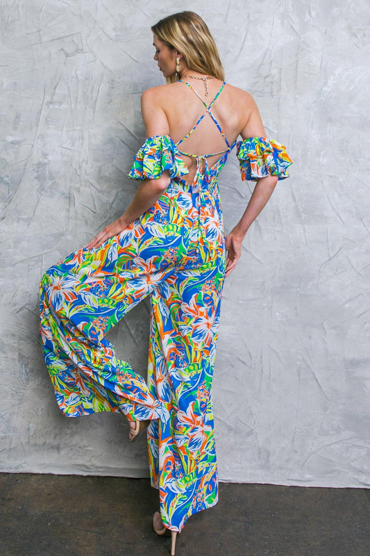 Unseen Beauty Floral Woven Jumpsuit with Cold Shoulder and Sweetheart Neckline in 20blu43 — Soul Flow Apparel