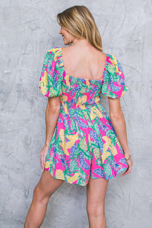 St James City Woven Romper with Sweetheart Neckline Front Tie Puff Sleeves in 20fuc21, view 1 — Soul Flow Apparel
