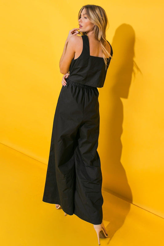Life with You Poplin Jumpsuit Sleeveless Square Neck Wide Leg Cotton in 20blk38 — Soul Flow Apparel