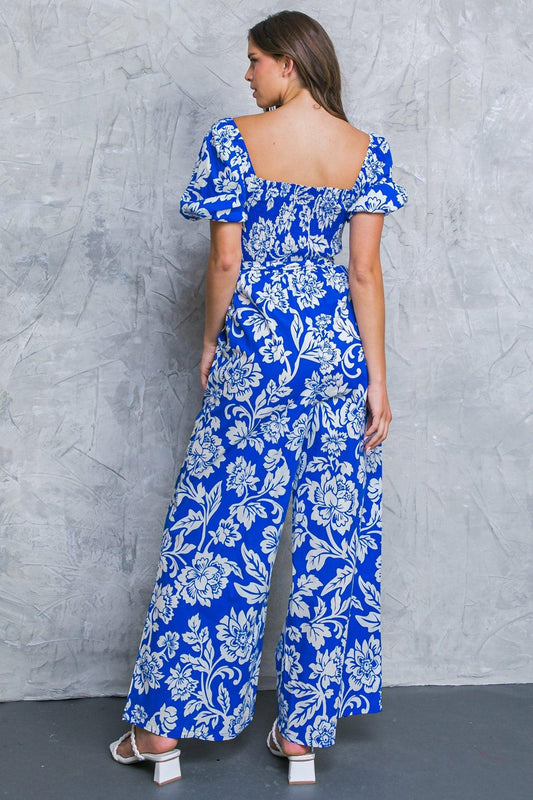 Someone You Loved Woven Jumpsuit with Smocked Bodice Wide Leg and Self Tie in 20blu 20whi19 — Soul Flow Apparel