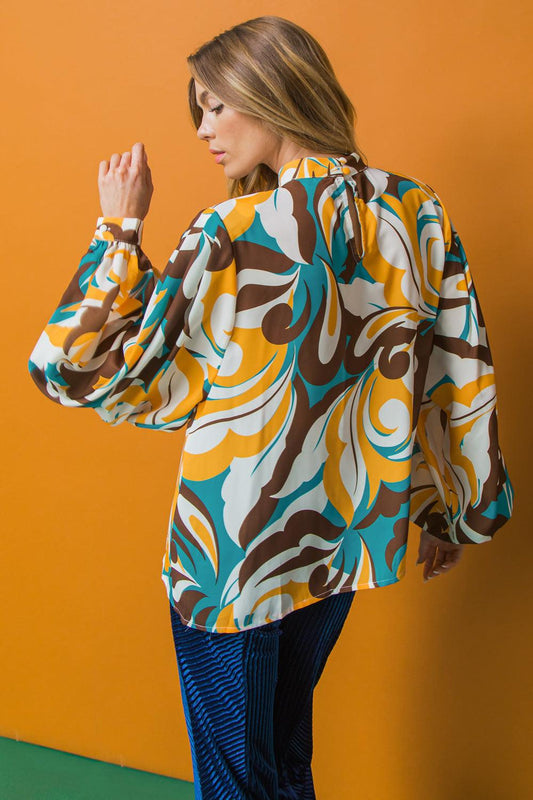 Dream on Printed Woven Top with Mock Neck and Exaggerated Sleeves in 20teal 20brw, view 2015 — Soul Flow Apparel