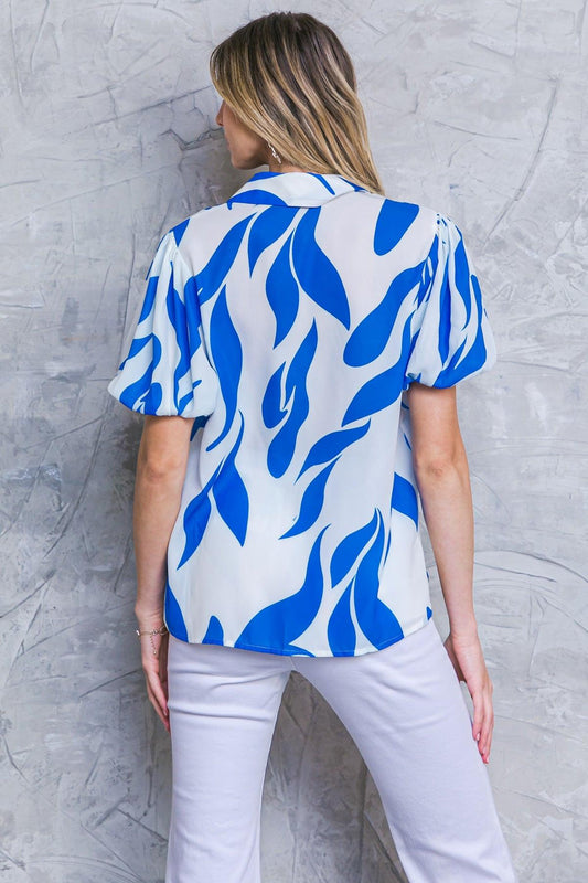 Major Crush Woven Top with Printed Design Shirt Collar and Short Puff Sleeves in 20ivo 20blu14 — Soul Flow Apparel