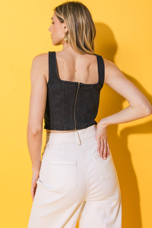All Ahead Denim Crop Top with Straight Neckline and Adjustable Straps in 20blk 20aci34 — Soul Flow Apparel