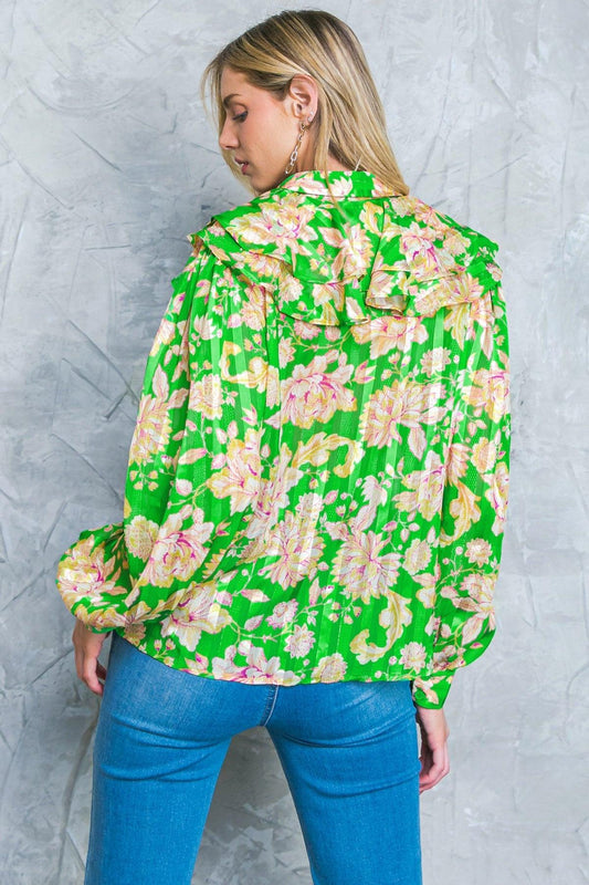 Stuck on an Island Printed Woven Top with Ruffles and Shirt Collar in 20gre10 — Soul Flow Apparel