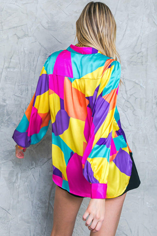 Follow the Flow Woven Top Printed Button Down Shirt with Long Sleeves in 20fuc 20yel18 — Soul Flow Apparel